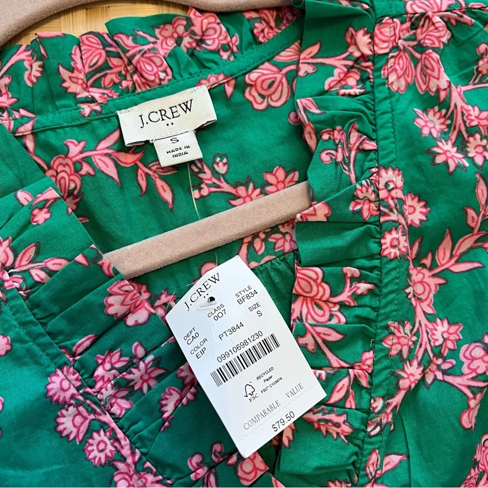 NWT J. Crew ruffle trim sleeveless blouse‎ green and pink floral print button